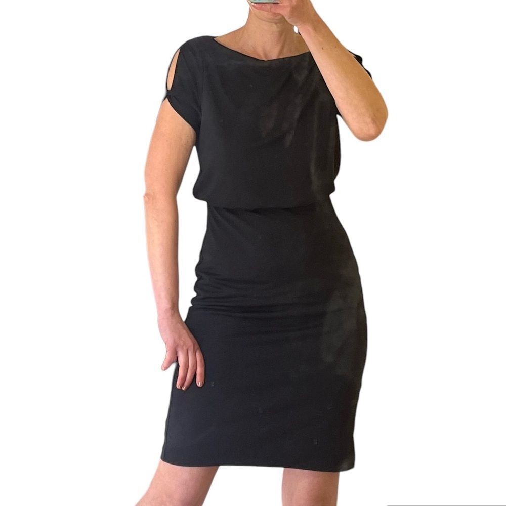 Ann Taylor Blouson black sheath dress keyhole short sleeves size Small